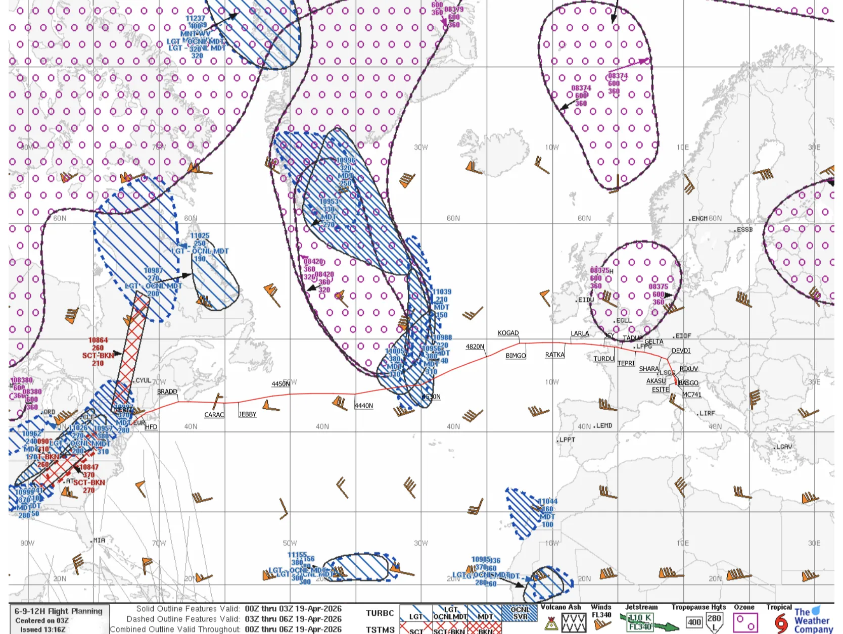 Significant weather chart showing turbulence forecast areas across the North Atlantic with blue-hatched zones indicating moderate turbulence between FL310 and FL380, with the flight route passing through the turbulence area near 30 degrees west