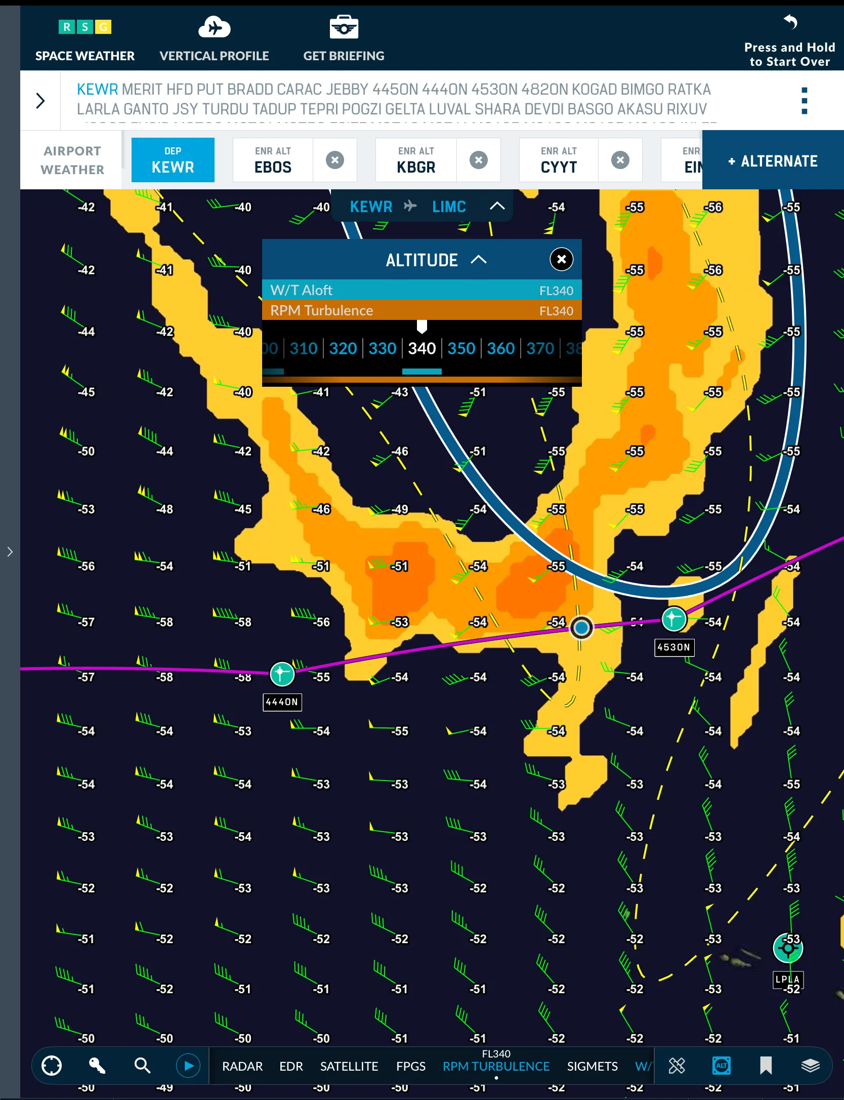 Dispatch turbulence overlay at Flight Level 340 showing the flight route from Newark to Milan with orange and yellow areas indicating turbulence intensity along the path, with the route clearly passing through the forecast turbulence zone