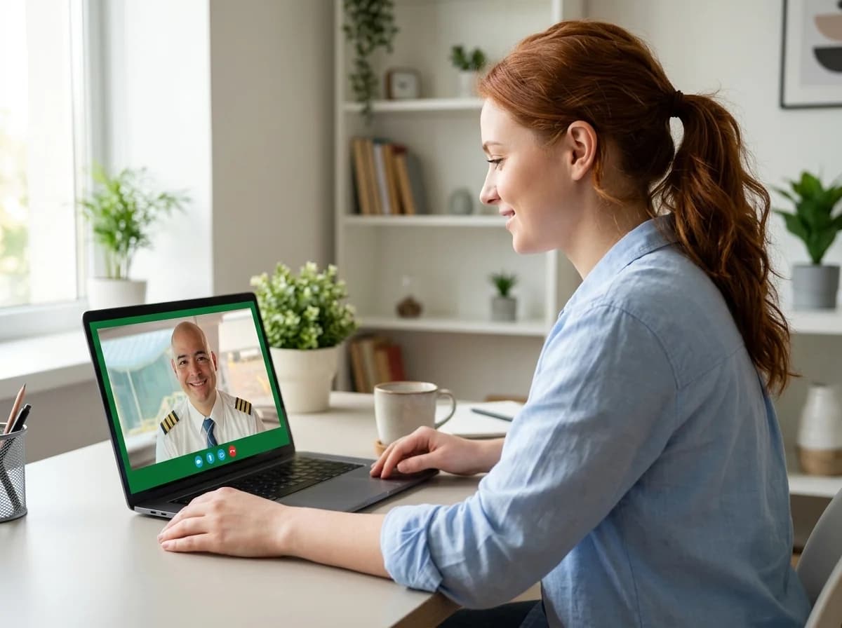 Client on a video call with a FlyCalm airline pilot