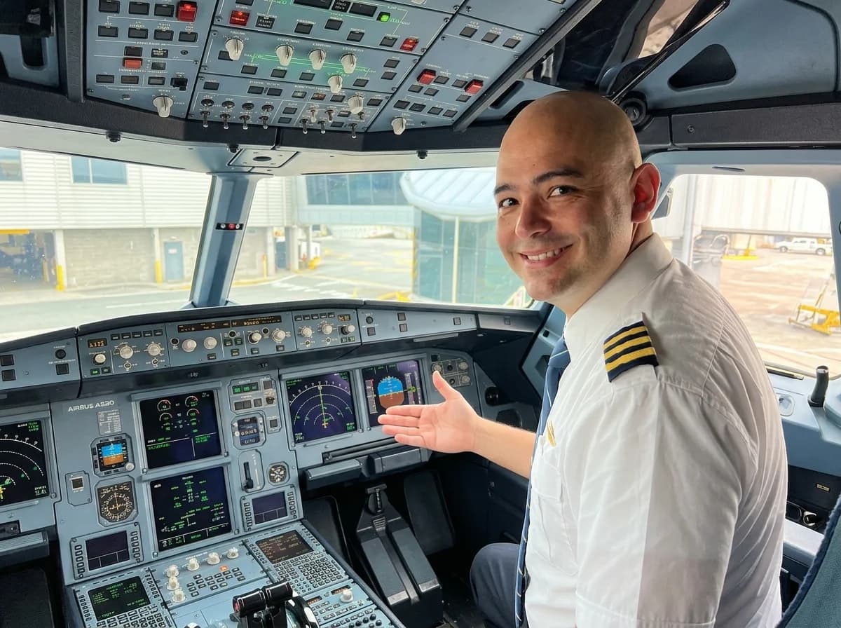 Airline pilot welcoming you into the Airbus A320 cockpit