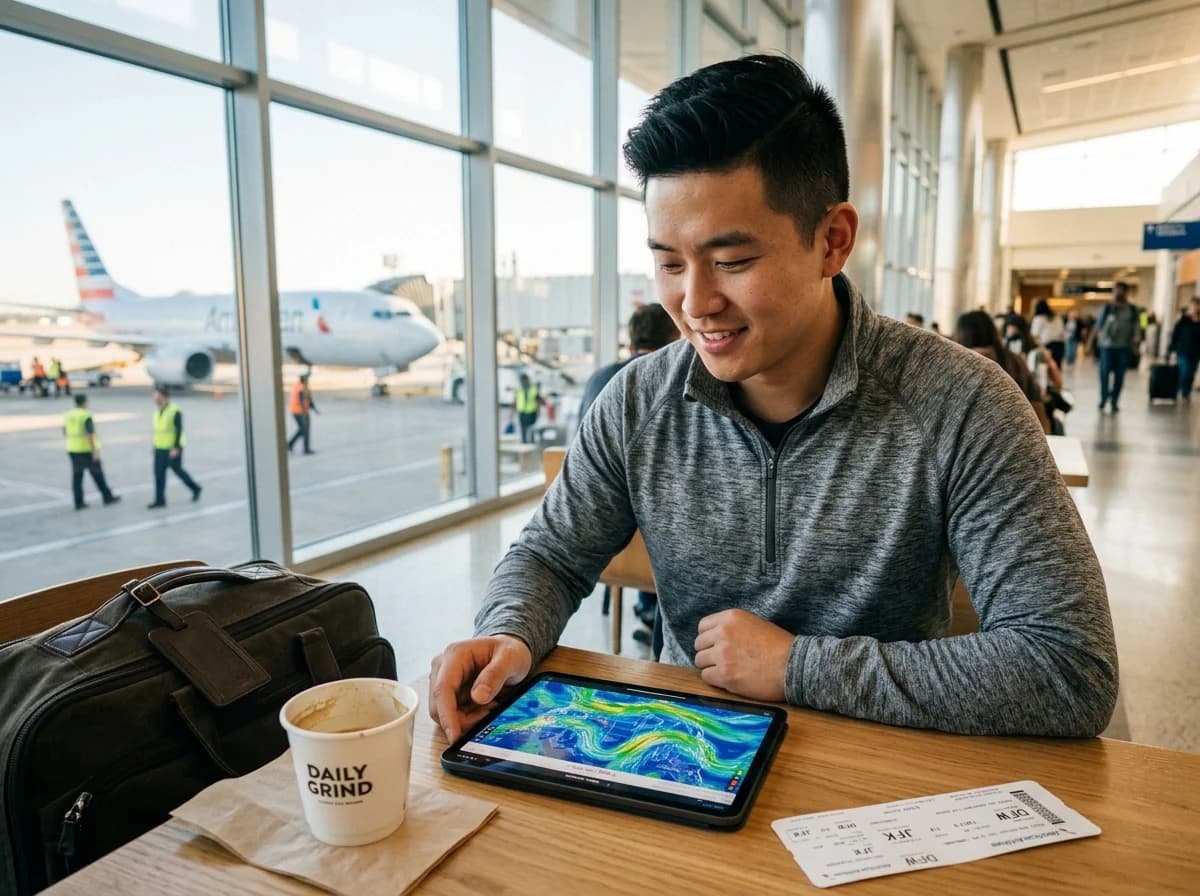 Traveler reviewing a personalized flight briefing at the airport
