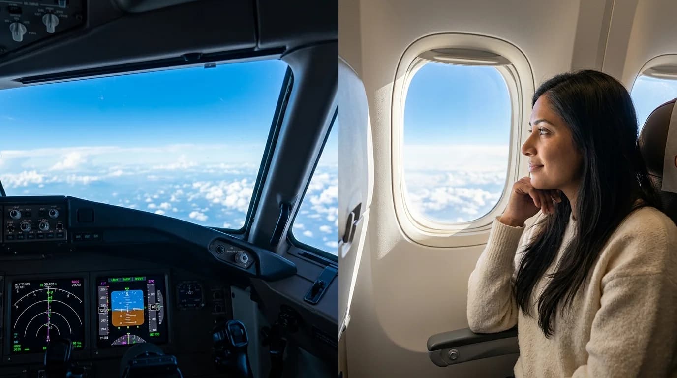 Split view: pilot's cockpit perspective and calm passenger looking out at the same sky