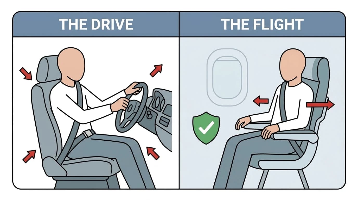 Safety-card illustration: a figure tense at the wheel of a car under 'The Drive' versus a figure sitting calmly in an aircraft seat with a green safety check under 'The Flight'