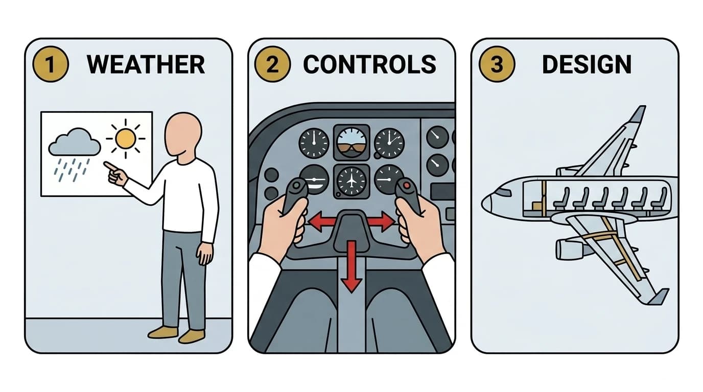 Three numbered safety-card panels — 1. Weather, 2. Controls, 3. Design — the things a pilot understands that make every sound and sensation predictable