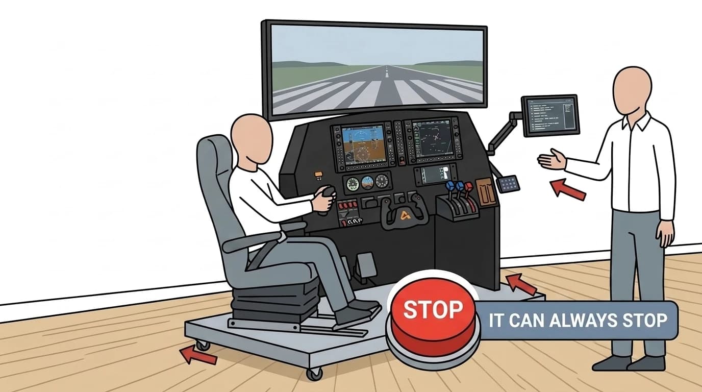 Safety-card illustration of a flight training simulator: a student at the G1000 glass-cockpit controls with an instructor beside them and a prominent red STOP button