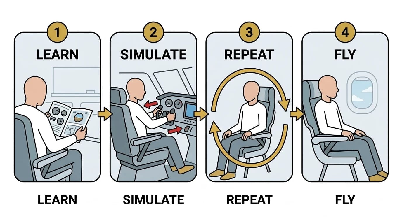 A four-step flow shown as numbered safety-card panels: 1. Learn, 2. Simulate, 3. Repeat, 4. Fly — ending with a calm figure looking out an aircraft window