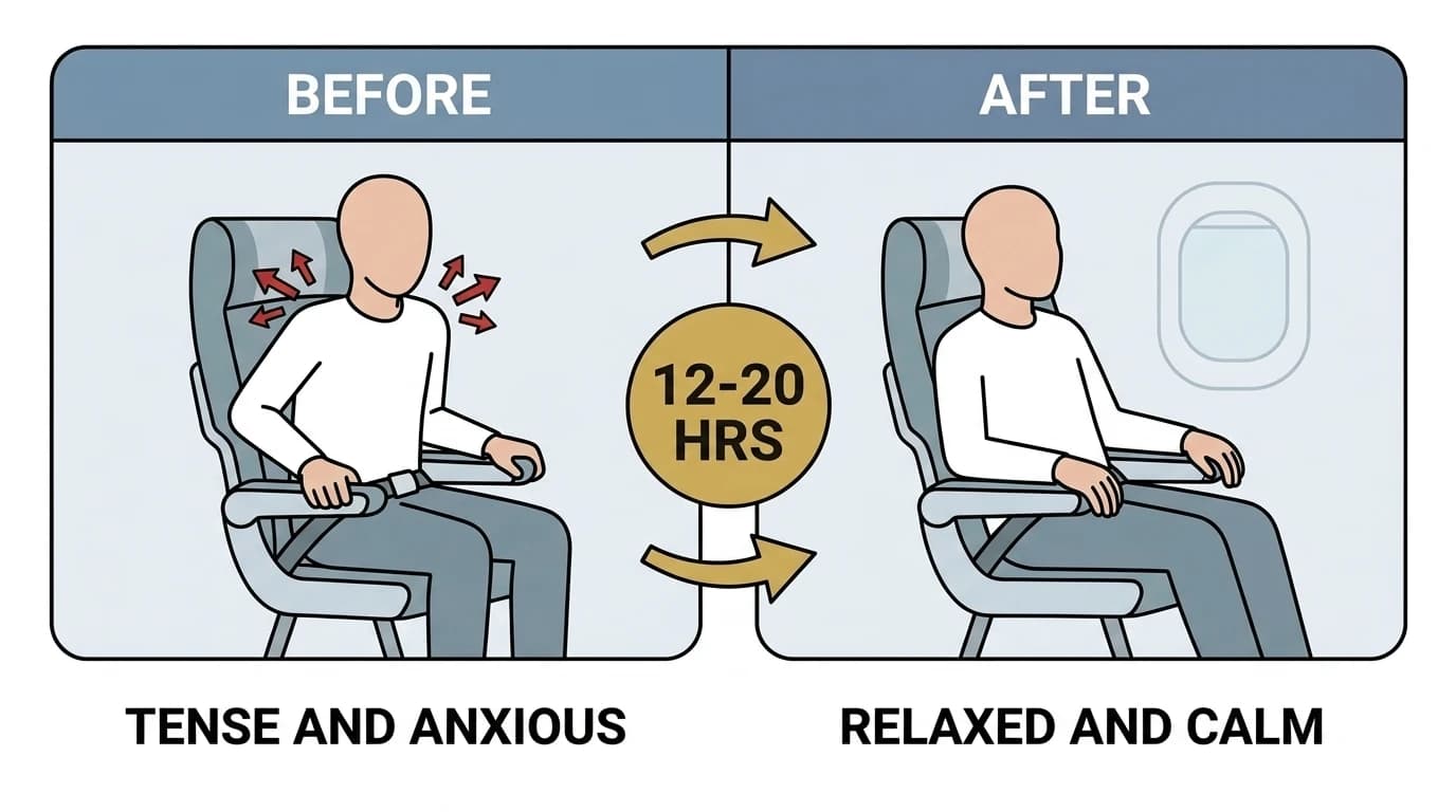 Before-and-after safety-card illustration: the same passenger tense and gripping the armrests labeled 'Before', then relaxed and looking calmly out the window labeled 'After'