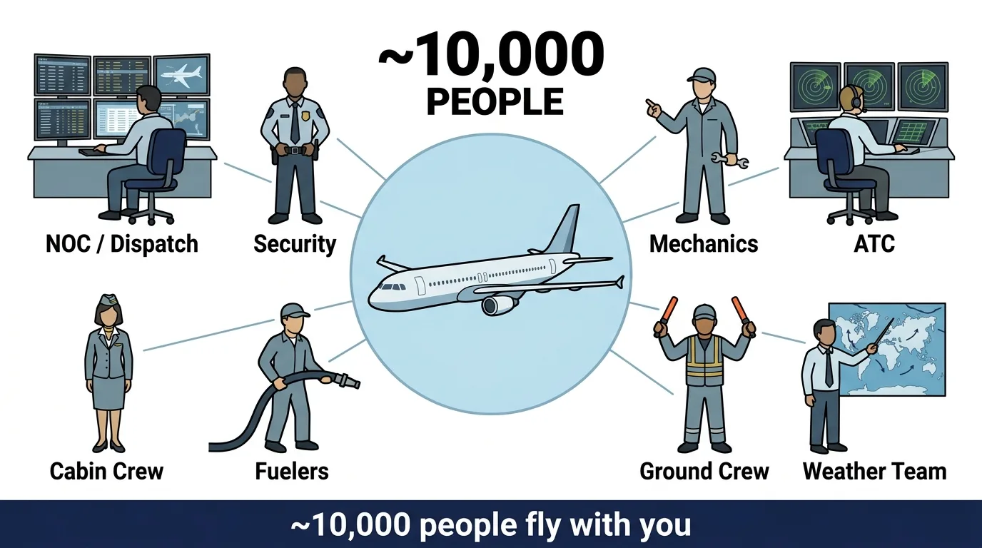 Hub-and-spoke diagram showing roughly 10,000 people who support a single flight: dispatch, security, mechanics, air traffic control, ground crew, weather team, fuelers, and cabin crew