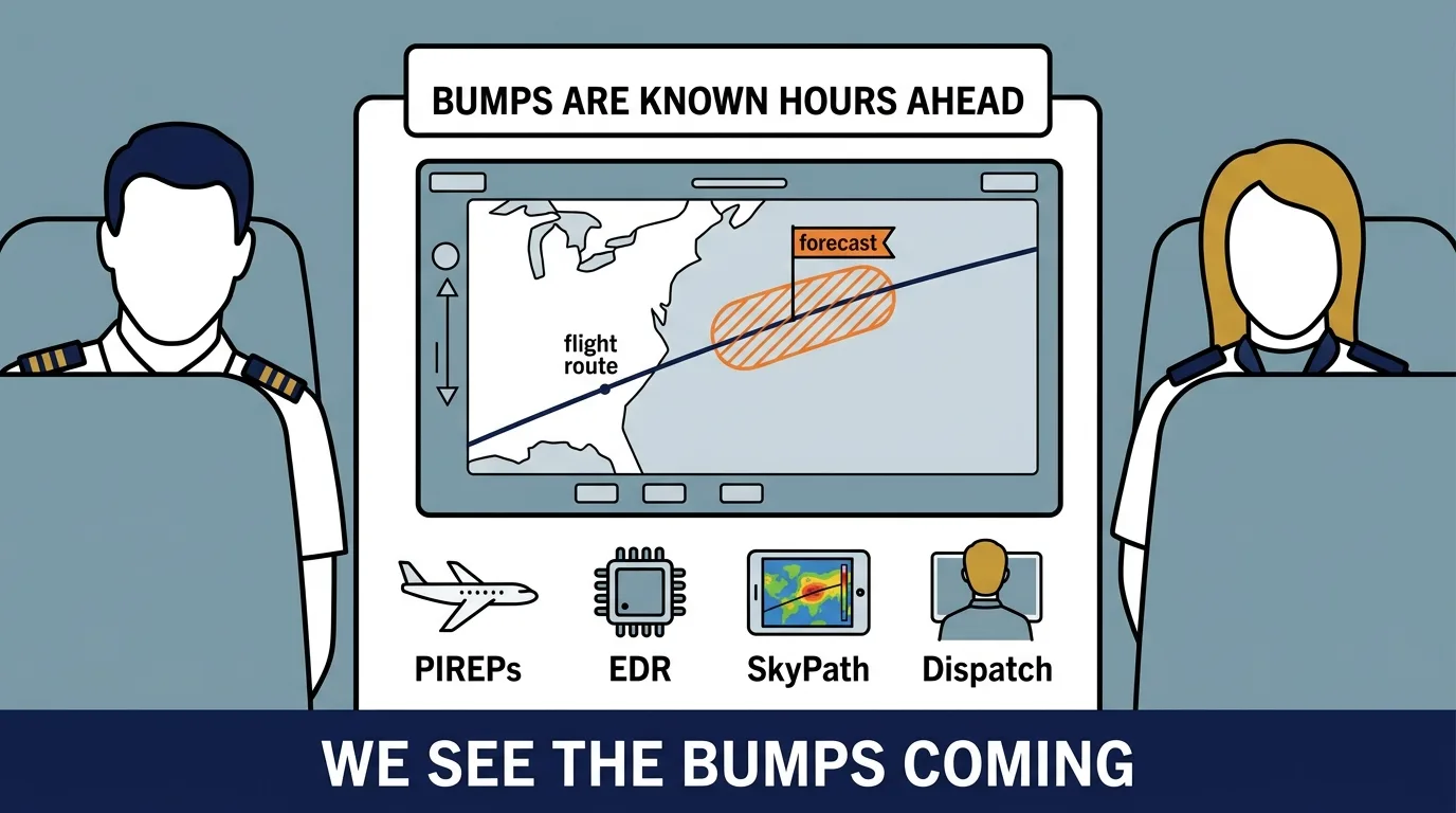 A pilot's weather map showing a forecast turbulence zone on the route, with the tools pilots use to know about bumps in advance: PIREPs, EDR, SkyPath, and dispatch