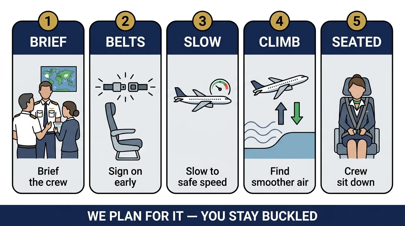Five things pilots and crew do during turbulence: brief the crew, turn the seatbelt sign on early, slow down, change altitude, and have the crew sit down