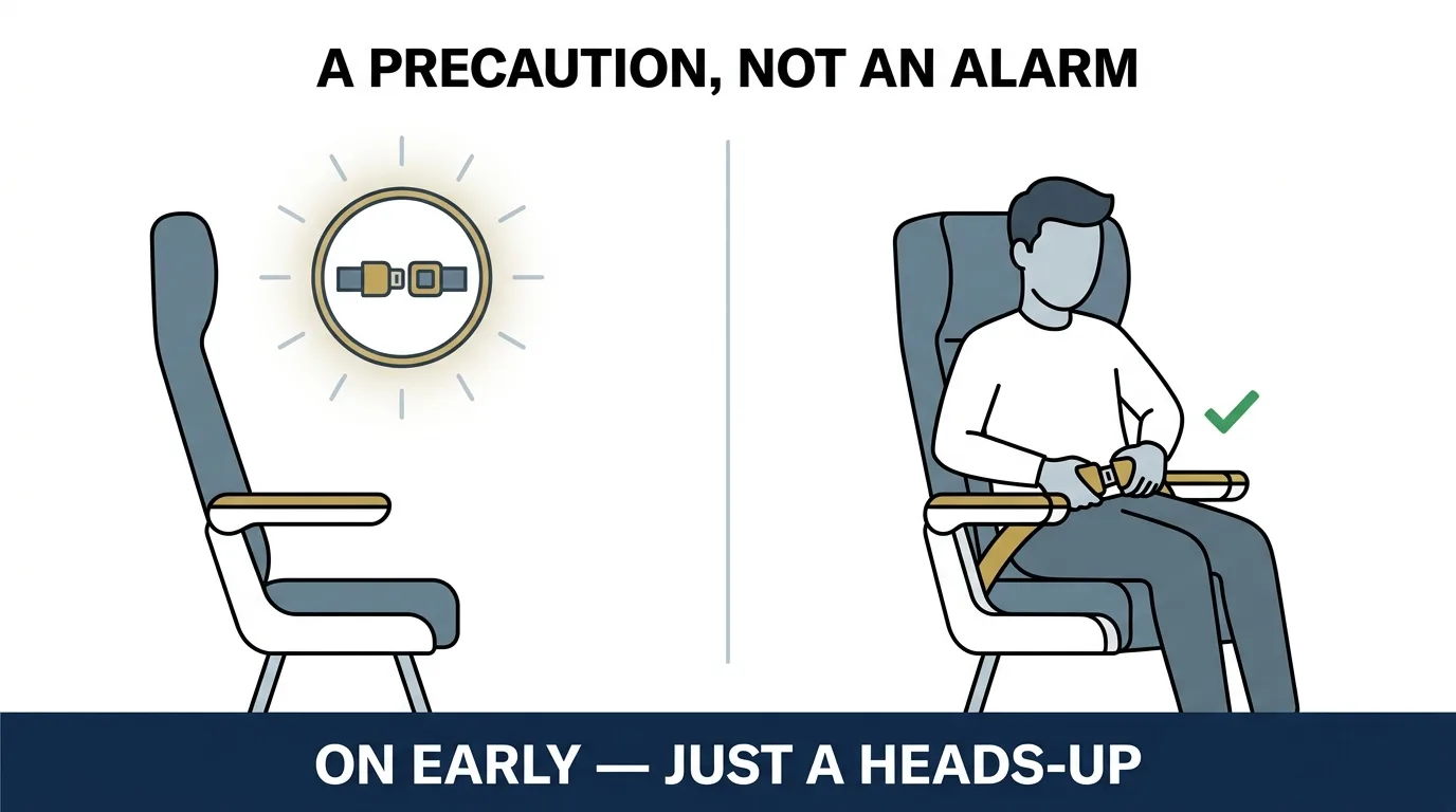 The seatbelt sign is a precaution, not an alarm — it goes on early as a heads-up