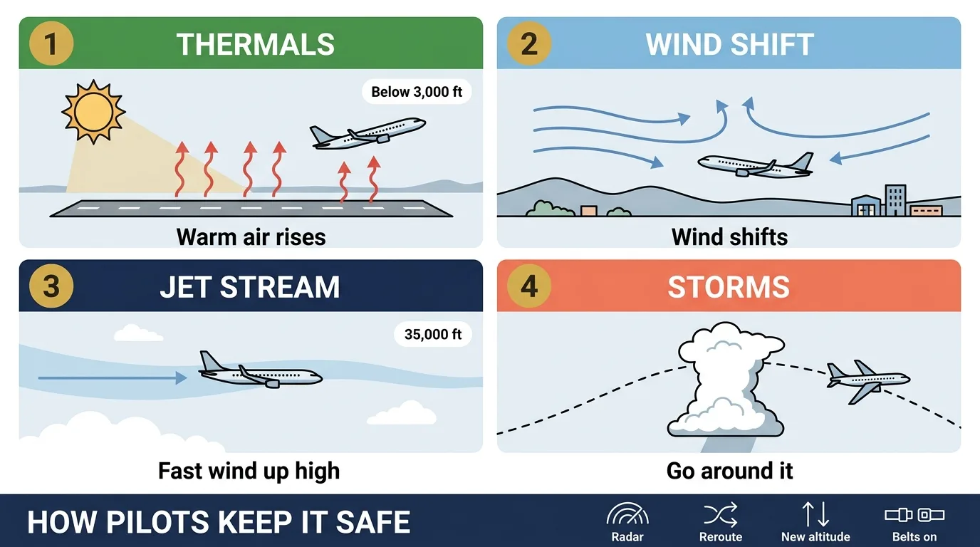 Four common causes of turbulence — thermals, wind shift, jet stream, and storms — plus how pilots keep it safe with radar, rerouting, altitude changes, and the seatbelt sign