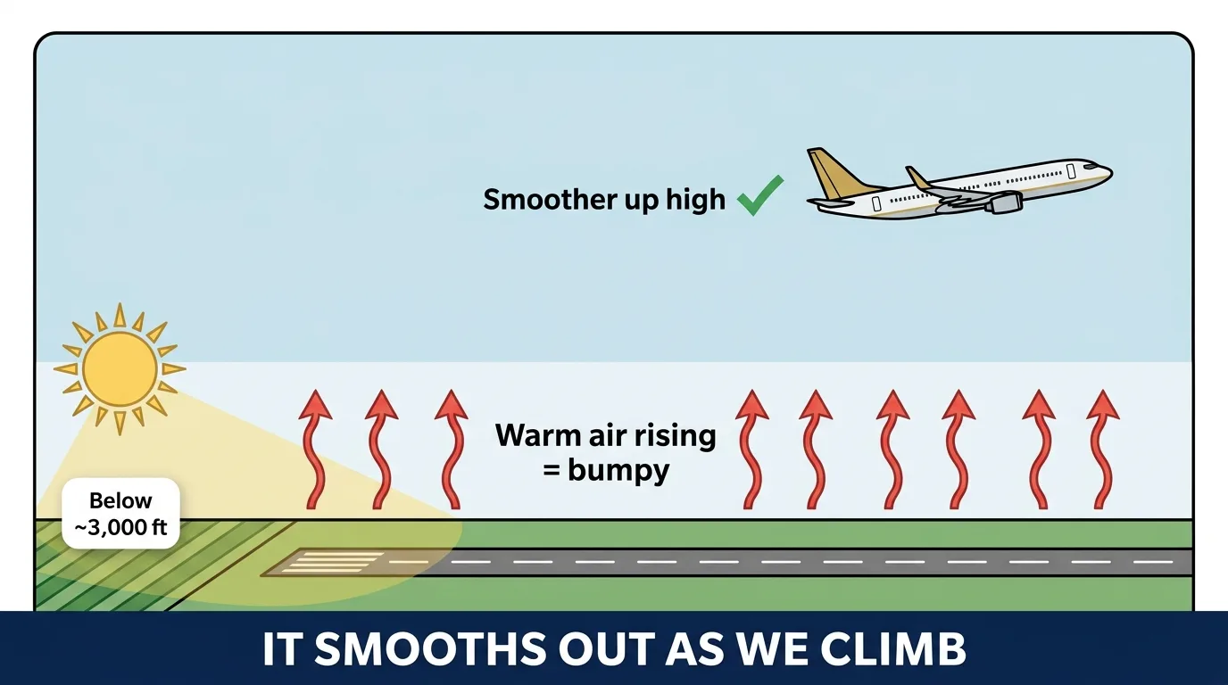 Why it's bumpiest down low: warm air rising off the sun-heated ground below about 3,000 feet, with smoother air higher up once the jet climbs