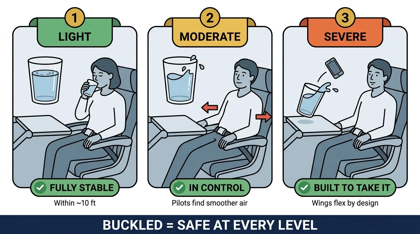 Light, moderate, and severe turbulence shown with the cup-of-water test — and a green check confirming the aircraft stays safe at every level