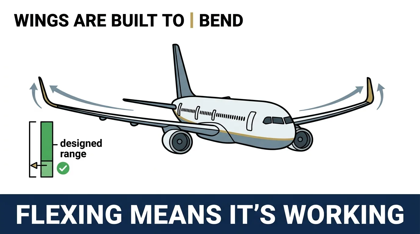 An airliner's wings flexing upward by design, well within their tested range — flexing means the wing is working