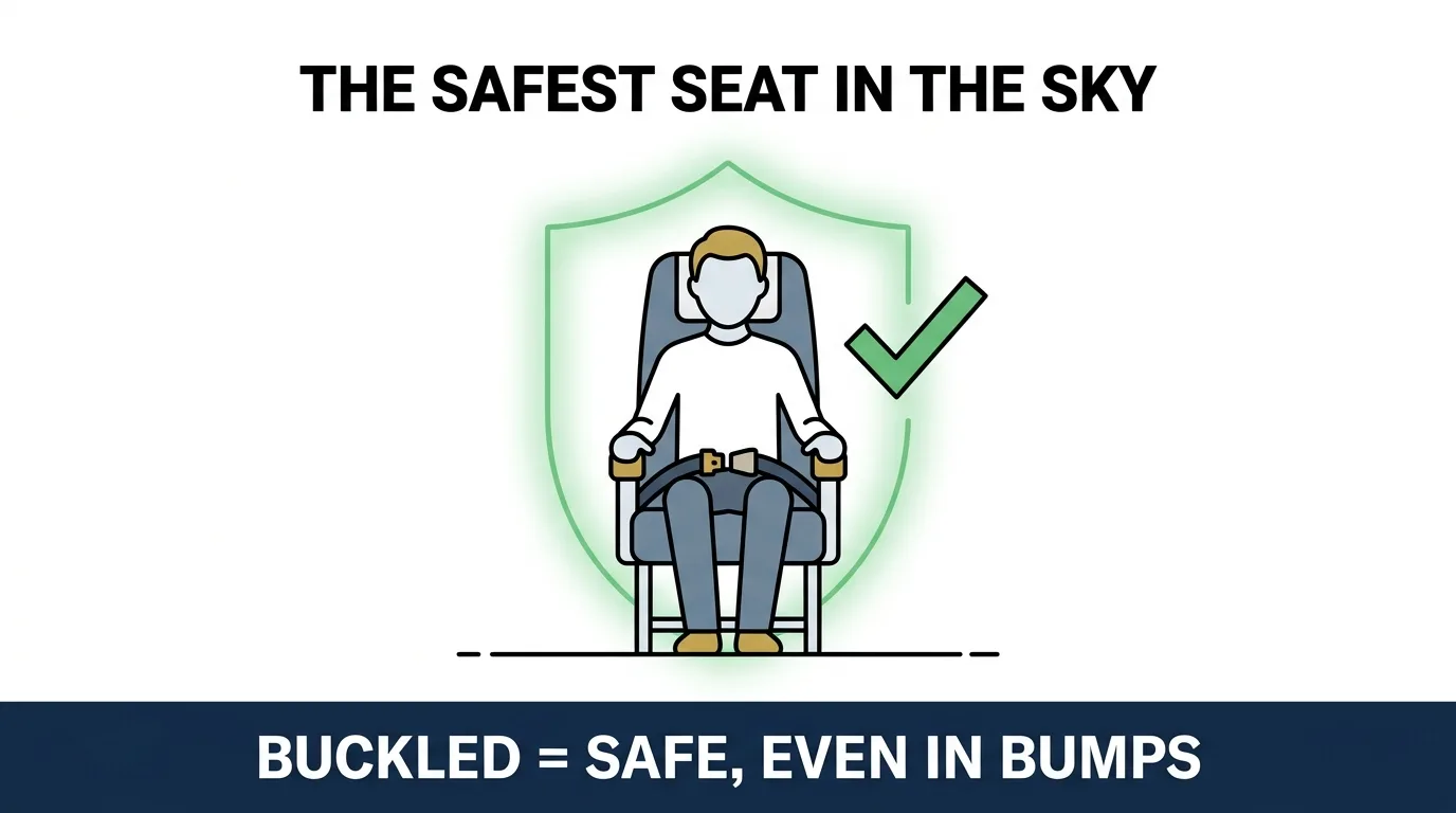 A passenger seated with the seatbelt fastened, protected — buckled is the safest place to be, even in bumps