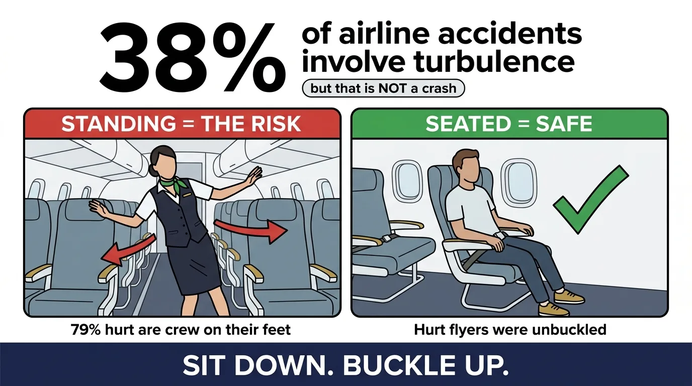 Turbulence is 38% of airline accidents, but an NTSB accident is not a crash — standing up is the real risk, while seated and belted is safe